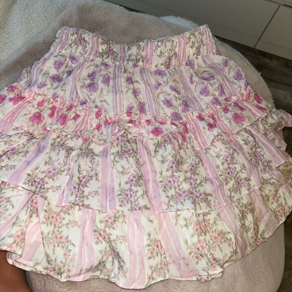 LoveShackFancy Pink and White Floral Tiered Mini Skirt